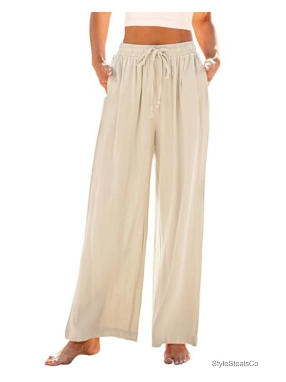 Linen Blend Wide Leg Palazzo Pants with Drawstring High Waist Flowy Casual